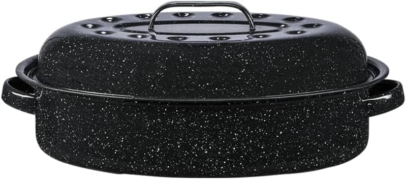 15-Inch Covered Oval Roaster - Enamel Steel Basic Cookware, Nonstick & Chemical-Free, Dishwasher Safe - 10 Lb Capacity, Large Roasting Pan for Meats, Poultry, Vegetables (Speckled Black)