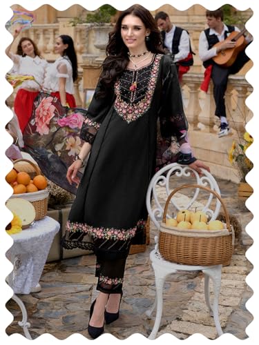 Image of INDO ERA Women's Silk Blend Embroidered A-Line Kurta and Pant with Dupatta Set (Ieout6682)