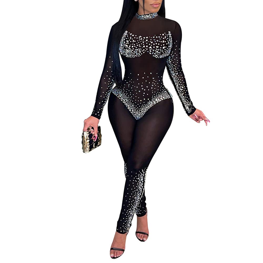 MESLIMA Women's Sexy Mesh Patchwork Sequin Rhinestone Jumpsuit One Shoulder Backless Bodycon Club Bodysuit