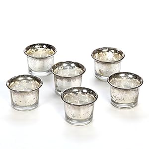 Hosley Set of 6 Metallic/Antique Finish Glass Candle Tealight Holders. Ideal Gift for Wedding Bridal Party Reiki LED Votive Tea Light Gardens O4 (Antique Silver)