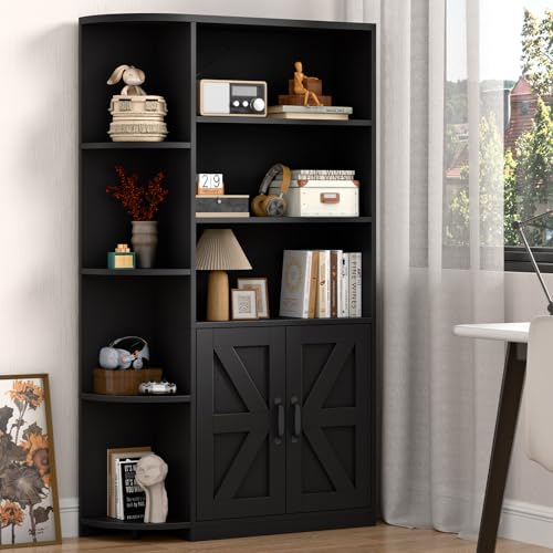 Vabches Bookcase with Corner Bookshelf, Bookcase with Book Shelves and Cabinet Doors, Wood Bookshelf...