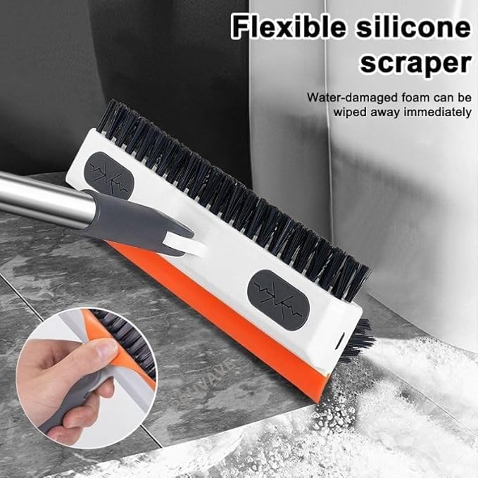 Image of ONEFLESH Multipurpose 3-in-1 Bathroom Cleaning Long Adjustable Handle Tool: Scrubbing Brush, Wiper & 180 Rotating Rotating Removable Head