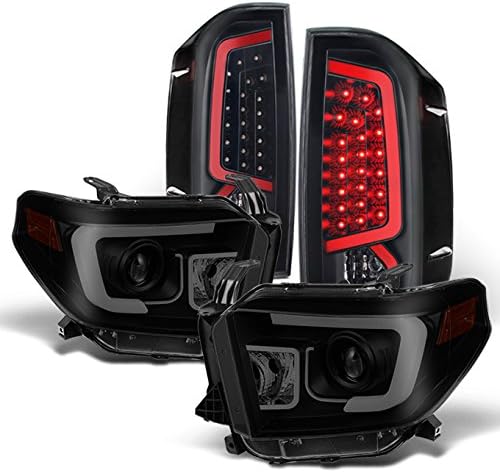 AKKON - For 2014 2015 2016 2017 2018 2019 2021 Toyota Tundra Black Smoke DRL LED Tube Projector Headlights & Black LED Taillight Set