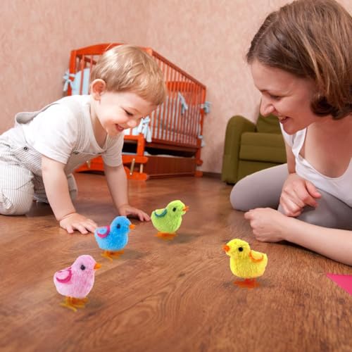 Image of Bunny and Jumping Chick Wind Up Toys Novelty Chicken Hopping Windup Toy for Kids Toddlers Adult Easter Egg Hunt Basket Stocking Stuffers Party Gifts [Multicolor] (4 PIC-Jumping Chick-Pattern Colour)