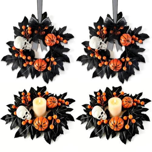 Image of 4 PCS Halloween Candle Rings Skeleton Maple Leaves Front Door Wreath