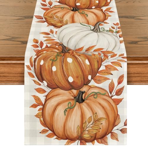 Artoid Mode Buffalo Plaid Orange Pumpkins Eucalyptus Fall Table Runner, Autumn Thanksgiving Kitchen Dining Table Decoration for Home Party Decor 13x72 Inch