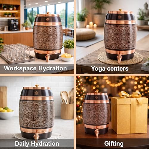 Image of Indian Art Villa Copper Water Pot Dispenser 7.6 Liters with Tap & Lid, Embossed Black Printed Design, Ayurvedic Copper Water Storage for Home, Office, Parties & Gifting, Traditional Stylish Drinkware