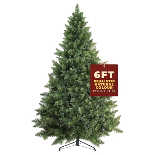Festive Fix Artificial Christmas Tree 6FT – 700 Tips Full & Realistic Green Xmas Tree with PVC Branches, Metal Stand – Easy Setup 6 Foot Christmas Tree for Living Rooms