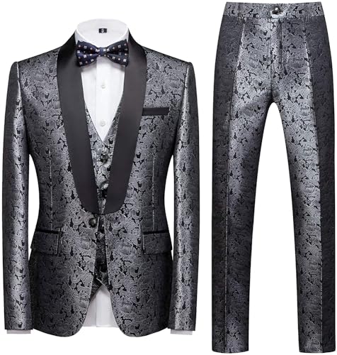 KUDORO Costume Homme 3 pièces Slim Fit Mariage Business Smoking Simple Poitrine à Un Bouton, Men Suits 3 Piece Argenté pour Fête Confort Elégant Blazer...