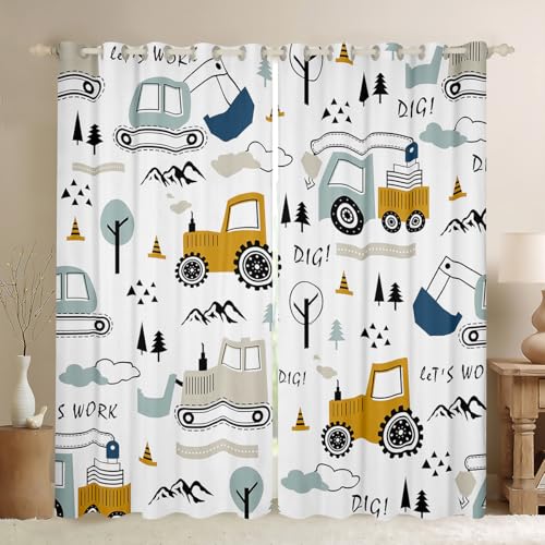 Image of Feelyou Cartoon Car Kids Curtains for Bedroom Living Room Construction Darkening Dreapes Equipment Trucks Comter Cartoon Car Excavator Tractor White Yellow Window Treatments (2 Panels, 38 x 54 Inch)