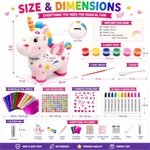 Image of PLUSPOINT DIY Unicorn Coin Bank Painting Kit for Kids Ages 5+ Paint Your Own Piggy Bank Craft Set with 6 Paints, 12 Magic Floating Pens, Metallic Foil Sheets, Stickers, Gems & Glitter, Creative Gift