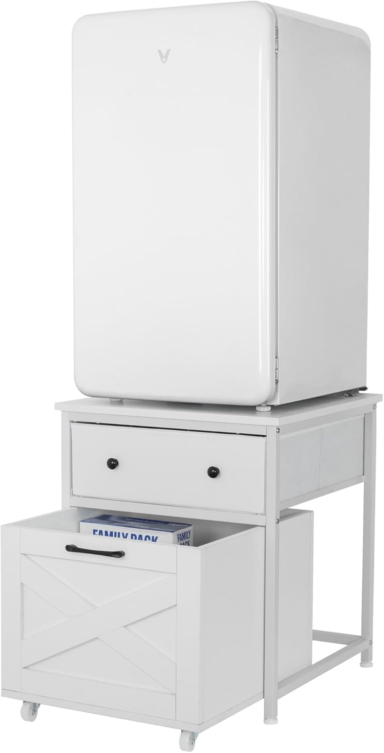 Mini Fridge Stand with Rolling Basket Cart, White