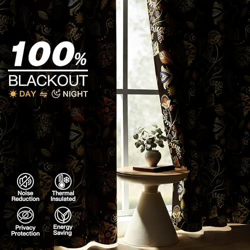 Image of XiDi Olive Green Blackout Curtains Vintage Floral Botanical Patterned Drape | Curtains 96 Inches Long Yellow Green Boho Framhouse Black Out Curtains & Drapes for Living Dining Room 2 Panels 52x96