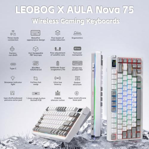 Image of X Aula Nova75 75% Wireless Mechanical Computer Keyboard 8000mAh,Pre-lubed Phantom Cherry Switches,RGB Backlit,Custom Hot Swappable,2.4GHz /Type-C /BT5.0,Gaming Keyboard for Win /Mac /iOS /Android