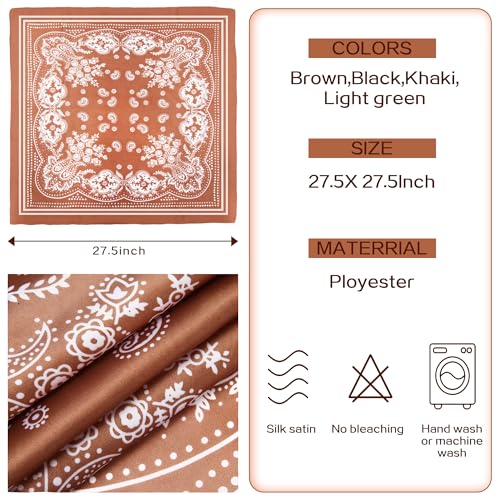 4 Pcs 27.5 Inches Satin Head Scarf Hair Scarf Silk Head Scarf Silk Bandana Silk Hair Wrap Neck Scarf Square Scarf for Women Girls(Brown,Khaki,Light Green,Black)2