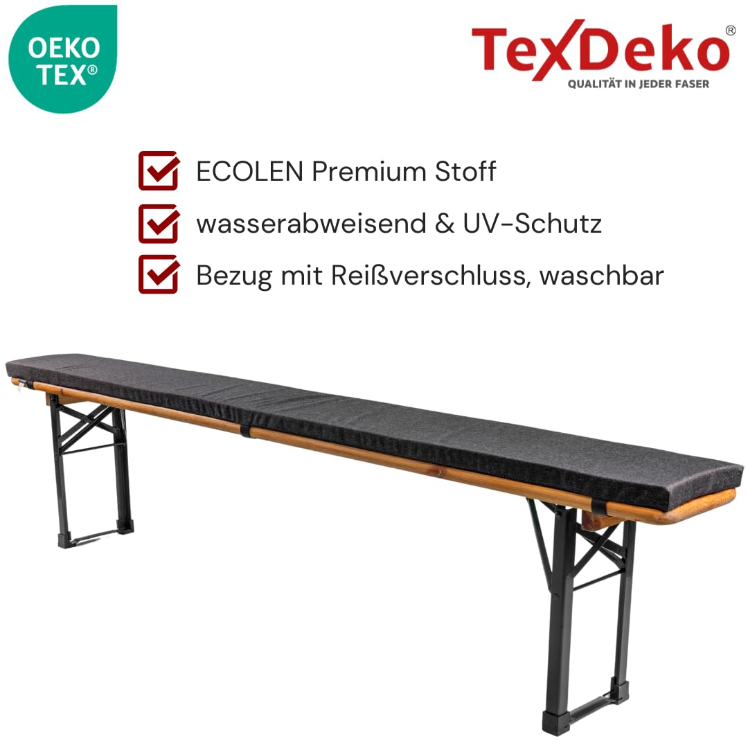 TexDeko® Ecolen Bierbankauflage gepolstert 220x25x4 cm XL für Bierzeltgarnitur mit Anti-Rutsch Boden, wasserabweisend & UV-Schutz, Waschbarer Bezug mit Reißverschluss (Grau)