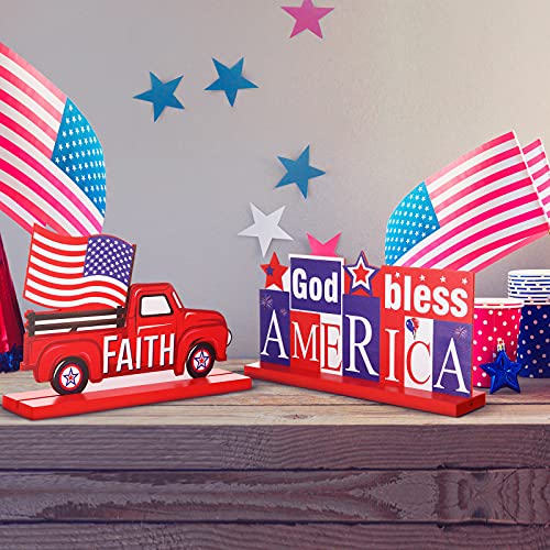 Image of Jetec 4 Pcs Patriotic Table Decorations 4th of July Wooden Table Centerpieces Red White Blue Gnome Wood Sign for 250 Years Anniversary Veterans Memorial Day Independence Day Home Decor (Classic)