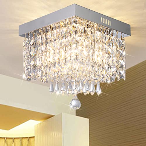 Modern Luxury Crystal Chandelier, Contemporary Raindrop Crystal Ball Square Chandelier Lighting Pendant Ceiling Lamp Flush Mount Ceiling Light Fixture Chandelier for Bedroom, Hallway of CRYSTOP