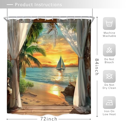 Image of Riyidecor Beach Shower Curtain 72Wx84H Inch Extra Long Beachy Seaside Ocean Sea Hawaiian Sunset Coastal Tropical Palm Tree Scenery Barn Door Bathroom Decor Fabric Polyester Waterproof 12 Pack Hooks