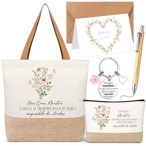 Xuniea Set de 5 Regalos de Agradecimiento para Maestras de Primaria Bolsa de Tela Neceser de Maquillaje Llavero de Profesoras Bolígrafo de Bola Tarjeta y Sobre Gracias por Todo para Graduación Niñera