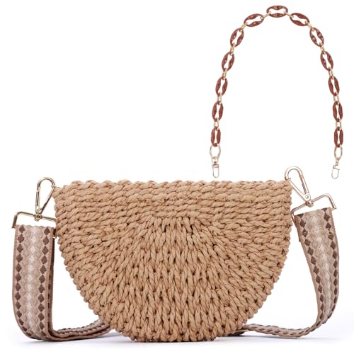 KUANG! Semicircle Handmade Woven Shoulder Bag for Women Summer Straw Beach Purse Crossbody Handbag Woven with Chain Strap