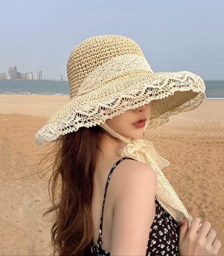 Sombrero de paja para mujer con ala ancha y encaje beige miniatura 4
