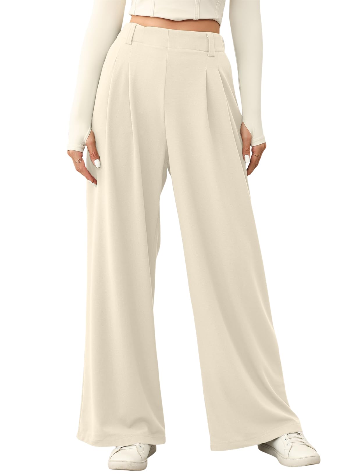 EVALESS Women's Wide Leg Pants Elastic High Waisted Waffle Knit Casual Palazzo Pants Trousers with Pockets
