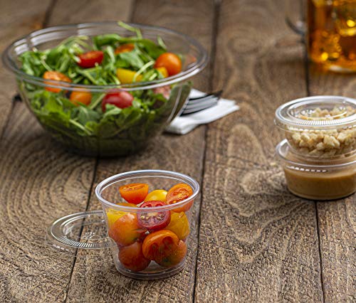 Image of Clear Disposable Plastic Portion Cups With Lids (100 Sets - 5.5 Oz) - Condiment, Sauce /Dip /Dressing, Souffle & Jello Shot Cups for Thanksgiving