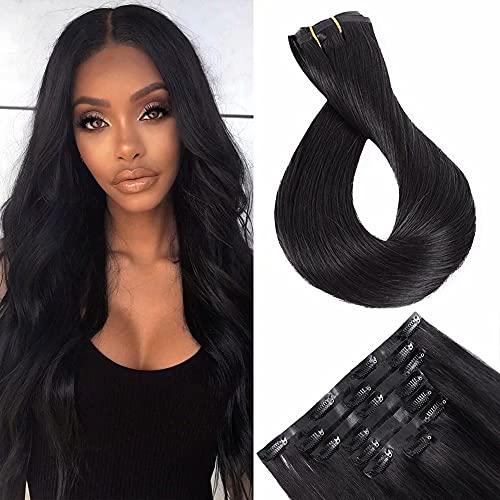 Maxfull Off Black Seamless Clip In Remy Hair Extensions, Ultra-Invisible Real Hair Extensions Clip On Human Hair, 7pcs, 24inch, 110g