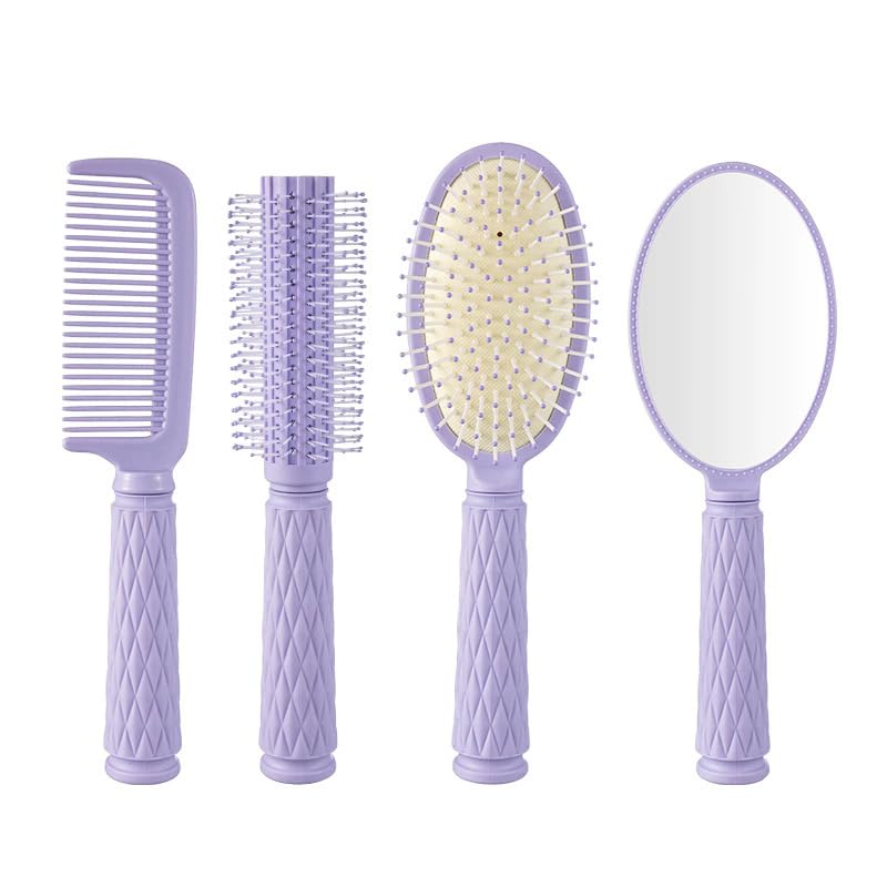 MEGAVOW 4Pcs Hairbrush with Hand Mirror Set, Professional Hairbrushes Set, Fine Tooth Comb, Detangle Massage Comb