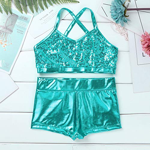 Image of Kids Girls 2PCS Sports Outfits Ballet Gym Sequins Mermaid Tank Top Shorts Set Tankini Swimwear Gymnastics Tracksuit