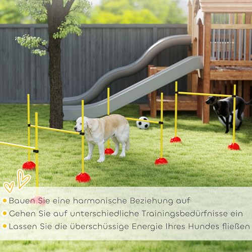 PawHut Agility Set Hunde, 4-teiliges Agility Ausrüstung mit höhenverstellbar Hürden Tragetasche Trainingszubehör, befüllbar Steckhürdenset für Hundetraining, Trainingsset für Hunde