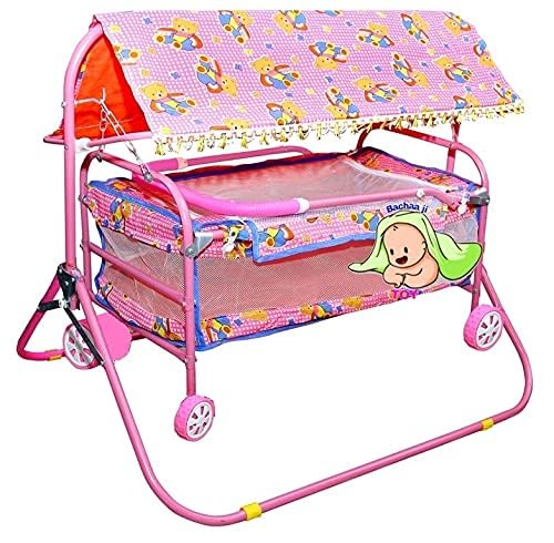 BACHAA JI TOY Baby Cradle for Newborn Babies with Deluxe Comfortable Kids jhula palna Swing with Foldable Design with Canopy for 0 to 2 Years .Pink Colour baggi for Boys and Girls (Coral Pink)
