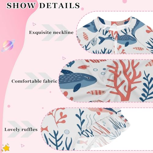 Fish Coral Girls Long Sleeve Swimsuit Rash Guard One Piece Bathing Suits Zipper 3-12T4