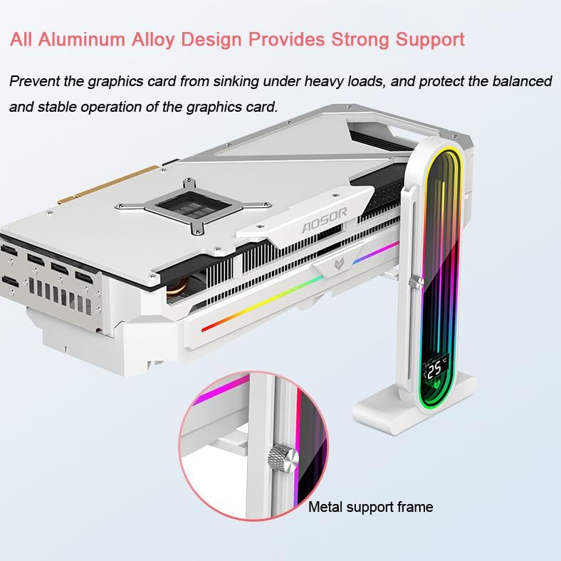 Temperature Displaying GPU Stand ARGB Infinity Graphics Card Support Adjustable 5V 3PIN Video Card Holder Anti-sag Bracket Magnetic Base Display Card Brace Rack PC Graphic Card Accessories (White)