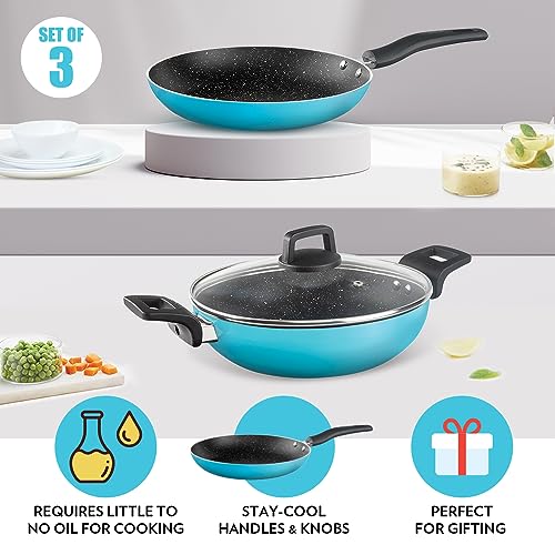 Image of Borosil Festive Glory Non-Stick Set of 3 Kadhai (24 cm), Fry Pan (24 cm) & 1 Lid, Gas Stove & Induction Compatible, Metal Spoon Friendly, Blue Exterior, Stir Fry Pan, Prantha Tava, Kadai for Deep Fry