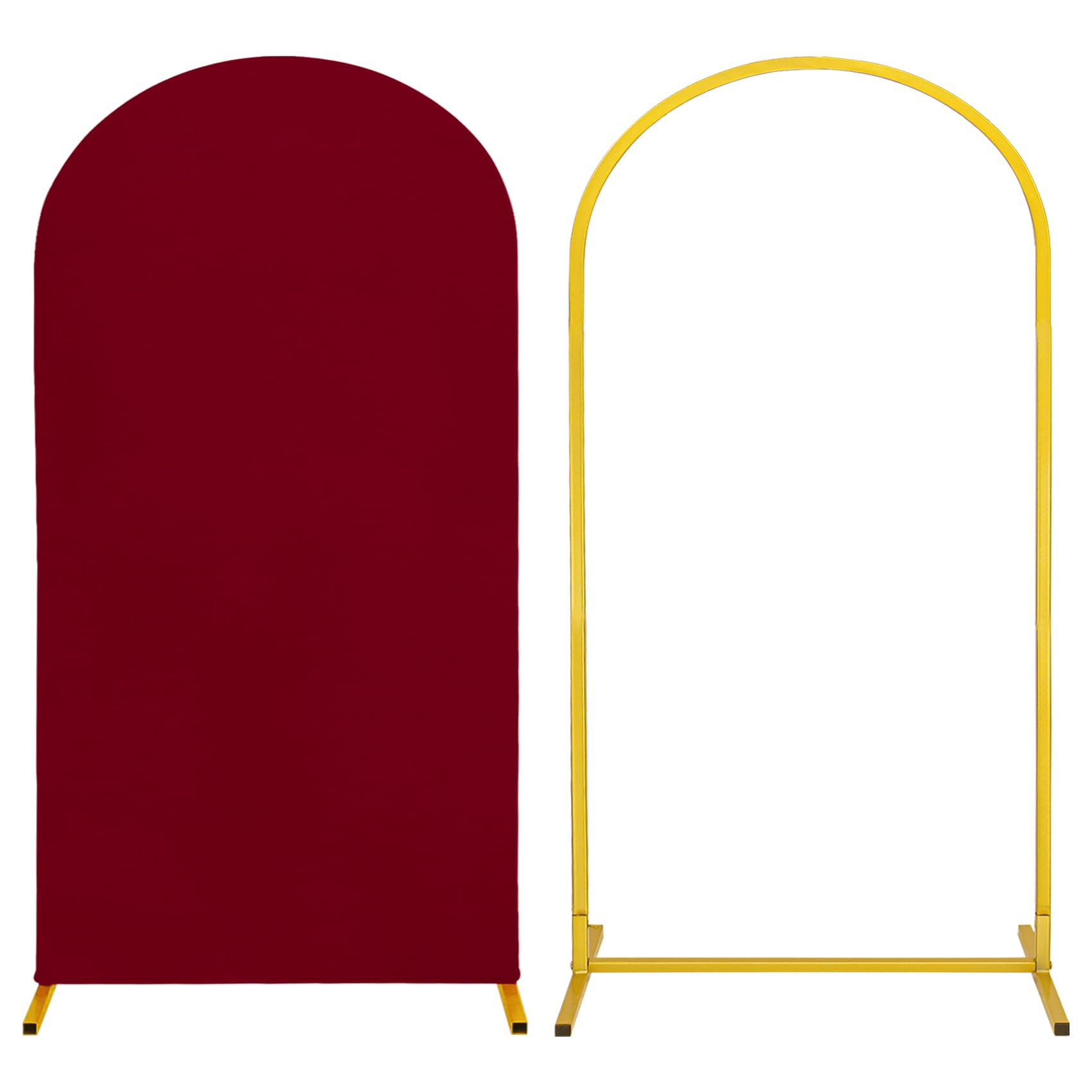 metal arch stand and cover set,1 burgundy spandex fitted backdrop with 1 gold wedding arched stand frame for parties birthday baby shower bridal banquet decoration (6.6ft)