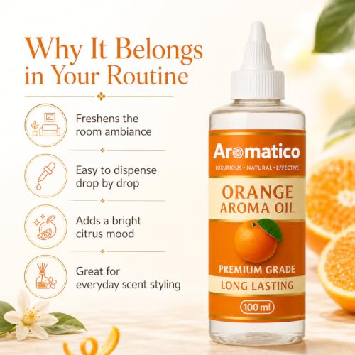 Image of AROMATICO Pure Orange Aroma Diffuser Oil with Long-Lasting Fragrance for Homes, Offices & Showrooms. Ideal for Diffusers, Reed Diffusers, Air-Purifiers & Candles 100 ml