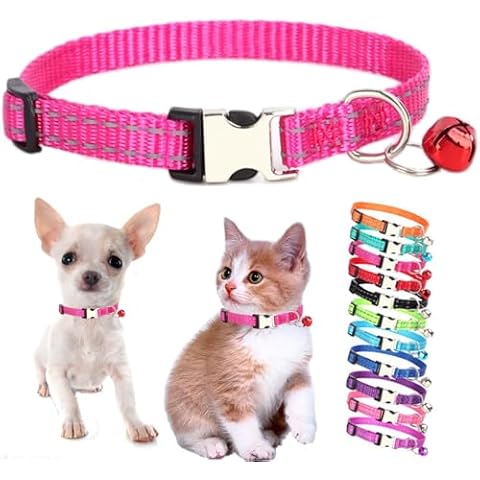 Hot Pink XS Dog Collar with Bell, Reflective Nylon XSmall Puppy Collars Soft Adjustable Buckle for XXS Small Puppia Female Tiny Pets Cats Girl Kitten Yorkie X-Small Cover