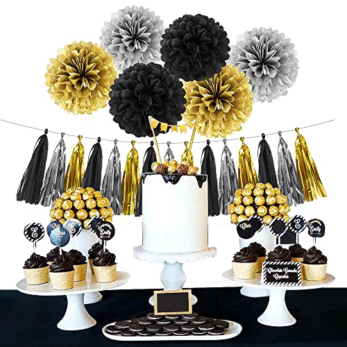 Image of Silver Black Gold Party Decorations - 23pcs Tissue Paper Flowers Pom Poms Tassel Garland Pennant Banner Flags Streamers Birthday New Years Eve Retirement Graduation Classroom Hanging Decor Supplies