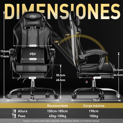HLFURNIEU Silla Gaming Ergonómica, Silla Gamer con Reposapiés y Soporte Lumbar, Silla Ordenador con Spring Cushion, Sillon Gamer Altura Regulable, Respaldo Ajustable, Cadeira Gaming Negro - imagen 3