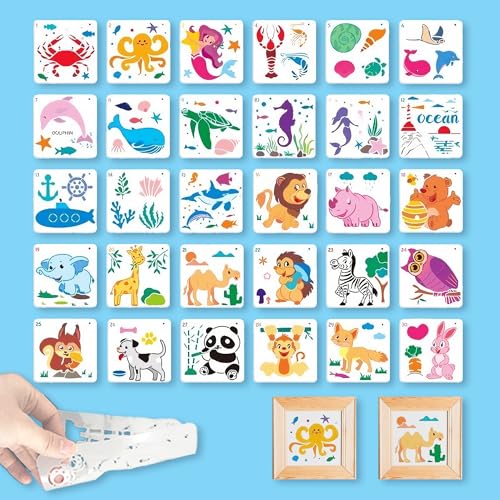 Cartoon Animal Stencils for Painting 30PCS 5x5in DIY Reusable Cute Templates for Drawing on Wood Rocks Canvas Fabric DIY Craft Card Glass Pottery