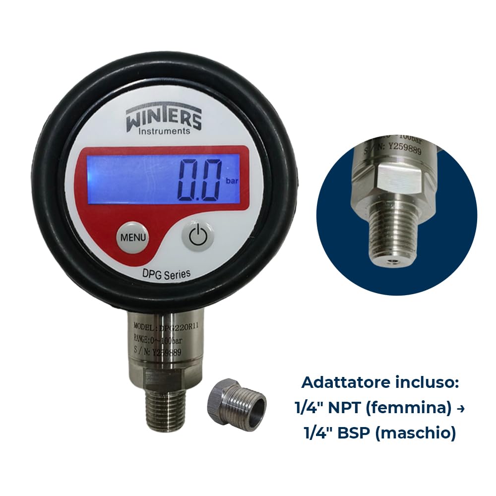 Manometro Digitale (Campo: 0-400 Bar) con Riduttore da 1/4 NPT Femmina a 1/4 BSP Maschio, completo di Certificato di Calibrazione | Manometro per Pneumatici | Modello: Winters DPG