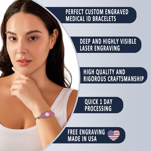 Divoti Custom Engraved Medical Alert ID Bracelets for Women | Filigree Medical ID Bracelet with Caduceus | 4-Line Personalized Emergency ID |Stainless Steel Rolo Chain3