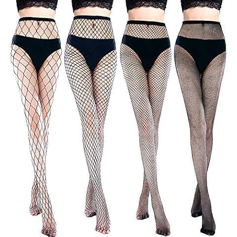 Chengu 4 Pairs Woman's High Waist Tights Rhinestone Velvet Pantyhose Fishnet Stockings, M, Style C Cover