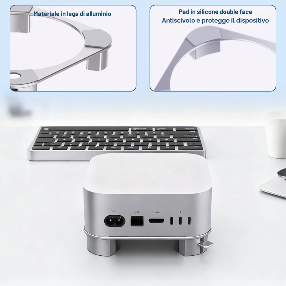 Supporto per Mac mini M4, Supporto in Alluminio per Mac mini M4 e M4 Pro, Mac Mini M4 Supporto Raffreddamento Migliorato, Accesso al Pulsante di Accensione, Antiscivolo (Argento)