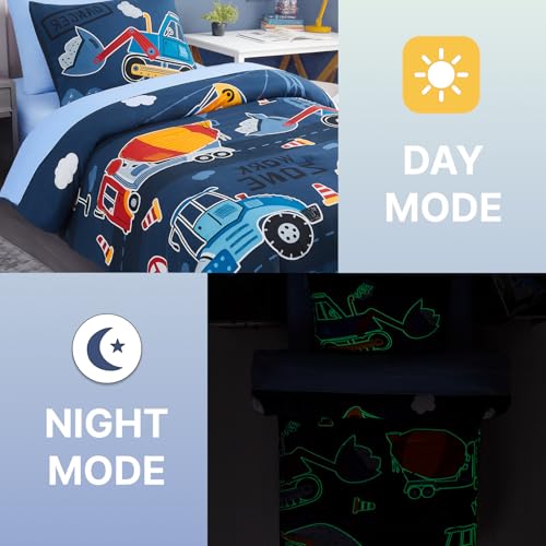Image of Twin Comforter Set for Boys-5 Pieces Truck Glow in the Dark Bedding Set | Soft Bed in A Bag Twin with Sheet, Pillowcases & Shams