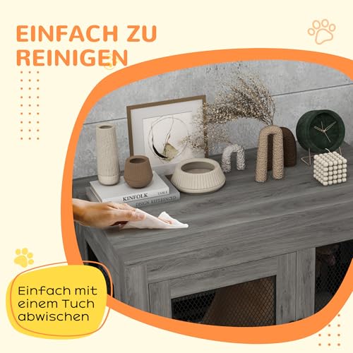PawHut Hundekäfig Möbel mit 2 Türen waschbaren Kissen Moderne Stahl Hundebox für Zuhause Indoor Hundehütte für große Hunde bis zu 30 kg Hundehaus 94x60x71,5 cm Grau