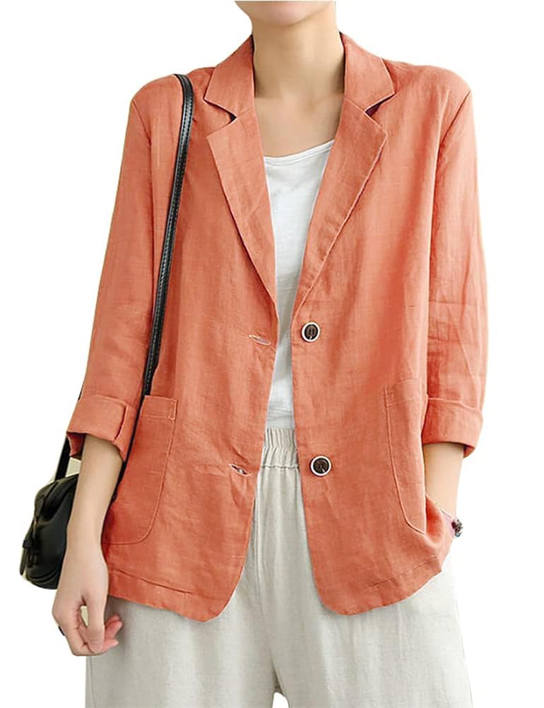 IDEALSANXUN Cotton Linen Blazer for Womens Long Sleeve Loose Casual Blazer Jackets