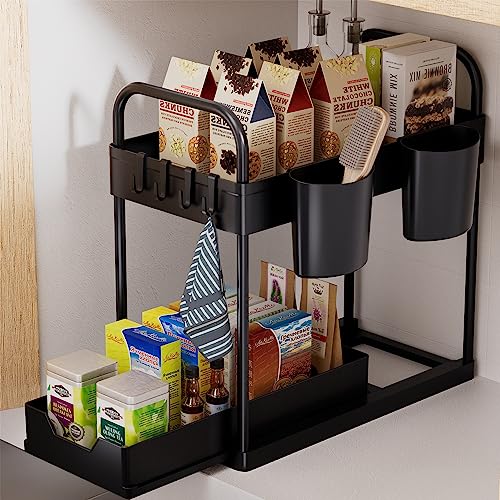 Organizador Bajo Fregadero De Cocina | 2 Niveles Con Cajón Deslizante | Incluye Ganchos Y Cesta, Resistente Al Agua